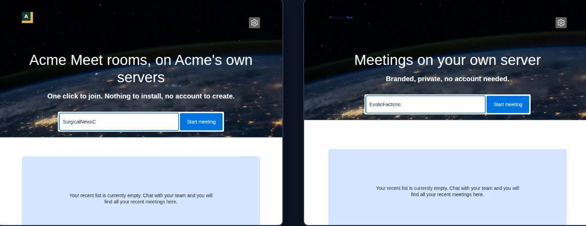 Two welcome pages from test deployments: one reading Acme Meet rooms, on Acme's own servers with the Acme logo, another reading Meetings on your own server under a different name and hostname.